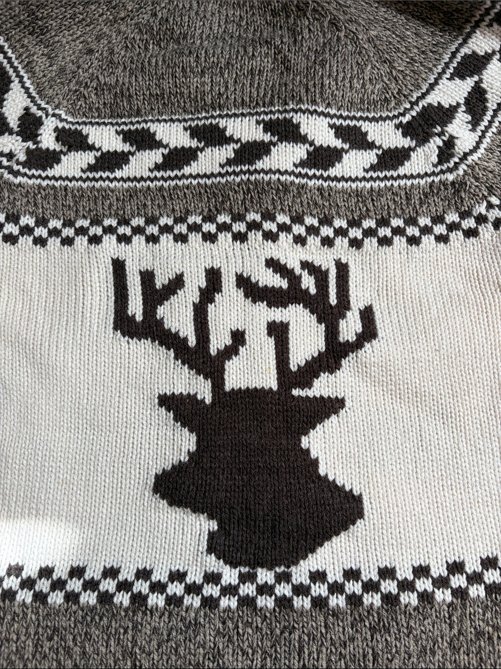 Bluenotes Brown and White Shawl Collar Reindeer Knit Cardigan - Women's Large - Picture 10 of 12